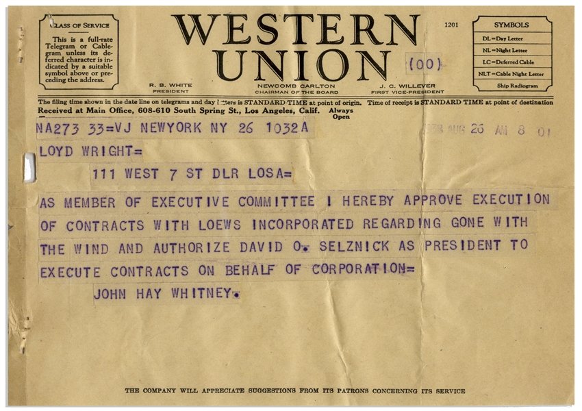 ''Gone With the Wind'' Telegram, Authorizing David O. Selznick to Enter Into Contracts With Loews, Inc. to Secure Clark Gable for the Role of Rhett Butler